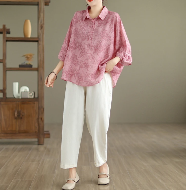 Vintage Print Casual 2 Piece Set Short Sleeve Loose T-shirt Tops Femme Harem Pants Suits - Image 10