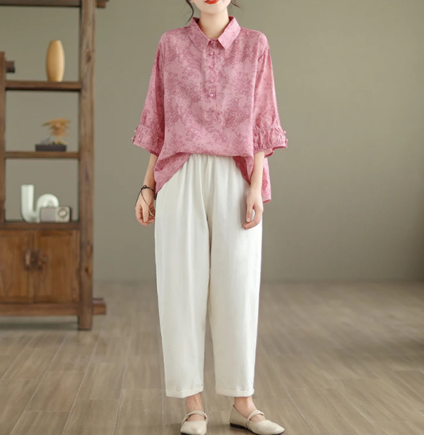 Vintage Print Casual 2 Piece Set Short Sleeve Loose T-shirt Tops Femme Harem Pants Suits - Image 9