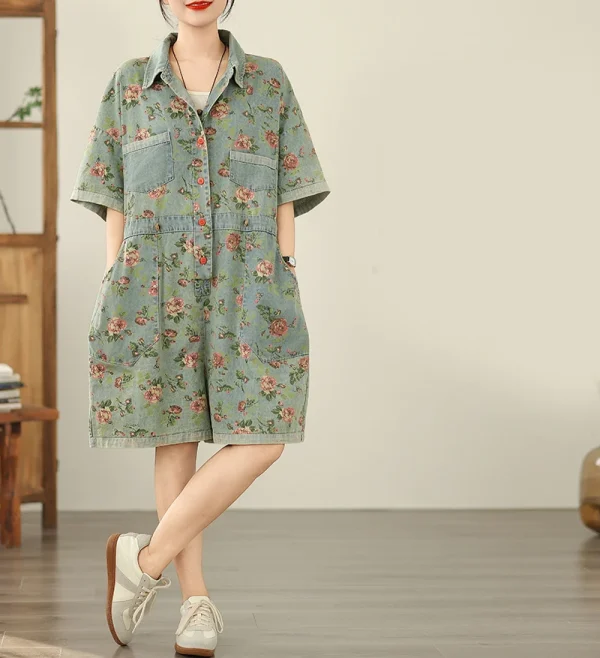 Vintage Print Denim Overalls Loose Plus Size Thin Jumpsuit