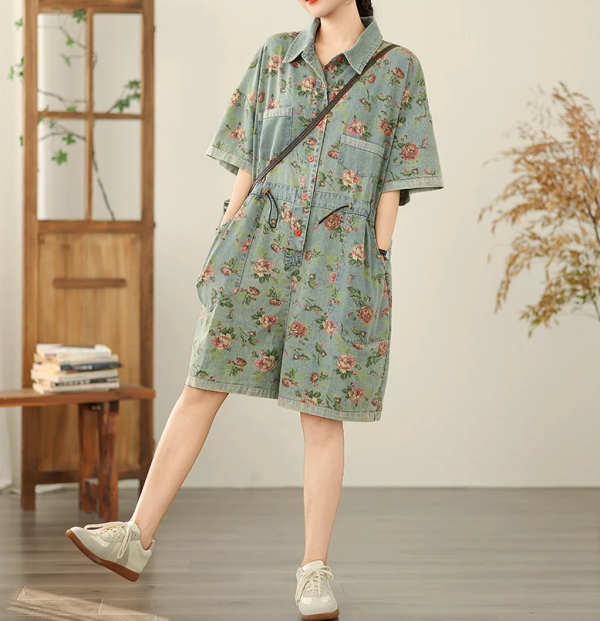 Vintage Print Denim Overalls Loose Plus Size Thin Jumpsuit - Image 5