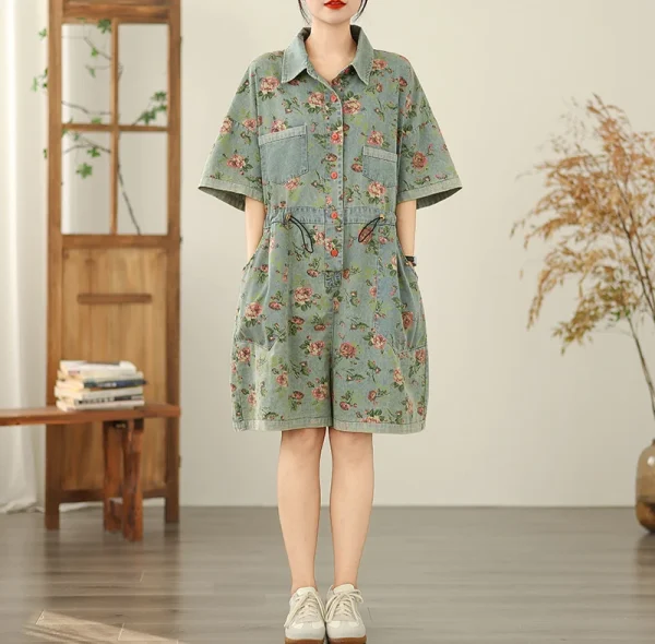 Vintage Print Denim Overalls Loose Plus Size Thin Jumpsuit - Image 2