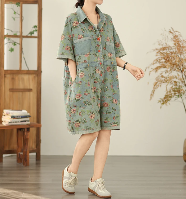 Vintage Print Denim Overalls Loose Plus Size Thin Jumpsuit - Image 3
