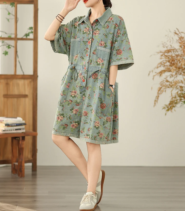 Vintage Print Denim Overalls Loose Plus Size Thin Jumpsuit - Image 4
