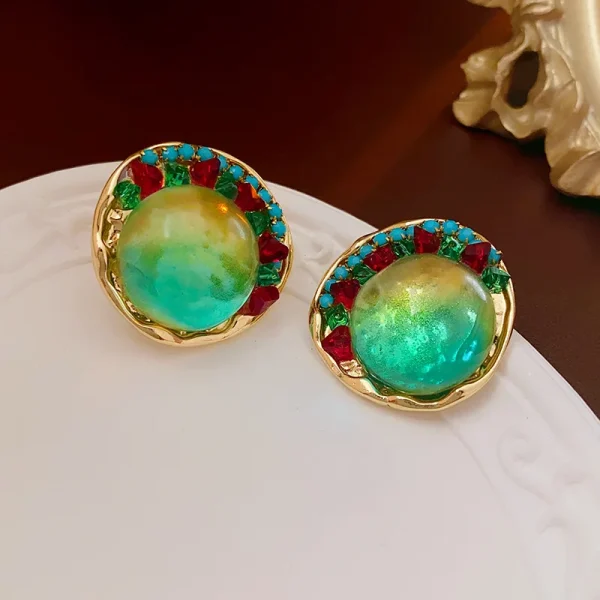Vintage Rhinestone Round Coloured Glaze Temperament Stud Earrings - Image 7