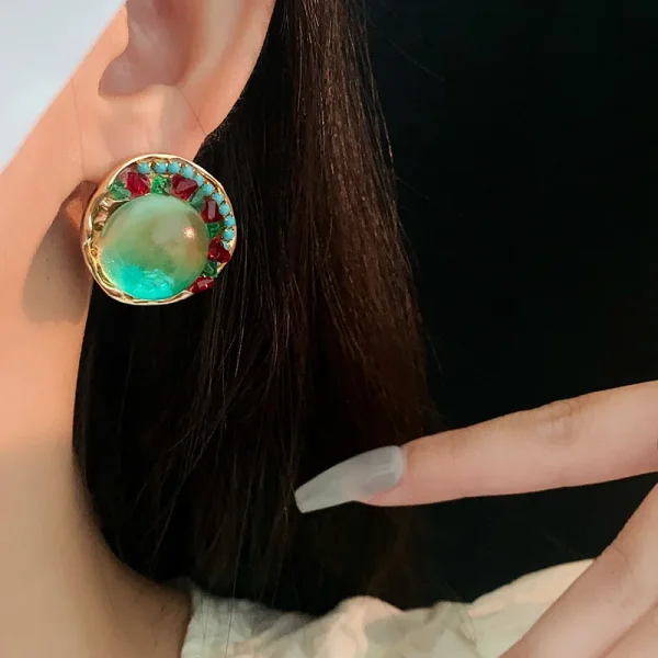 Vintage Rhinestone Round Coloured Glaze Temperament Stud Earrings - Image 3