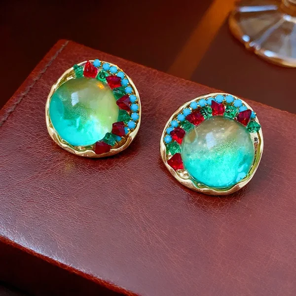 Vintage Rhinestone Round Coloured Glaze Temperament Stud Earrings - Image 4