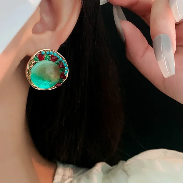 Vintage Rhinestone Round Coloured Glaze Temperament Stud Earrings - Image 2
