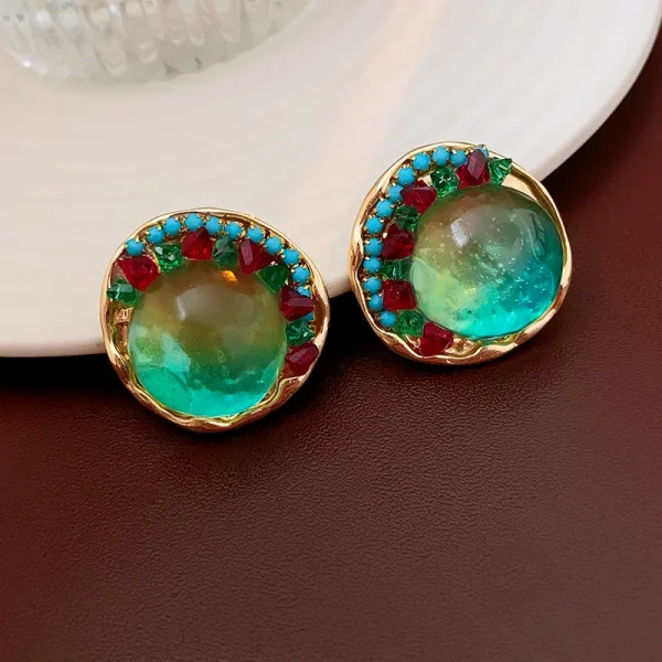 Vintage Rhinestone Round Coloured Glaze Temperament Stud Earrings - Image 6