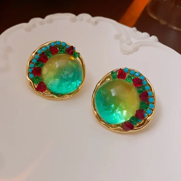 Vintage Rhinestone Round Coloured Glaze Temperament Stud Earrings - Image 5