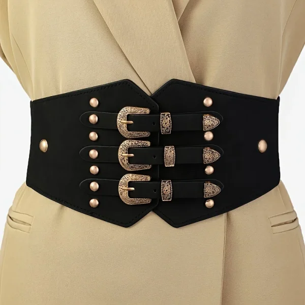 Vintage Rivet Studded Waistband Gothic Triple Buckle Wide Corset Waspie Dress Belts