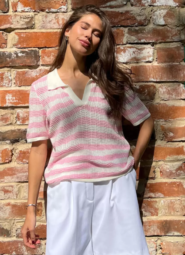 Vintage Short Sleeves Tees Stripes Turndown Collar Acrylic Tee Shirt