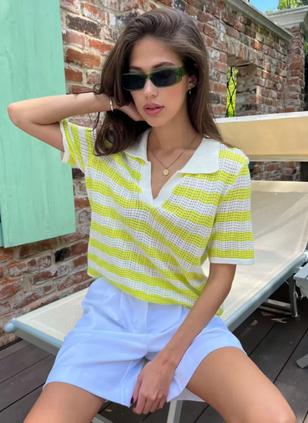 Vintage Short Sleeves Tees Stripes Turndown Collar Acrylic Tee Shirt - Image 6