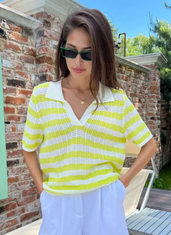Vintage Short Sleeves Tees Stripes Turndown Collar Acrylic Tee Shirt - Image 5