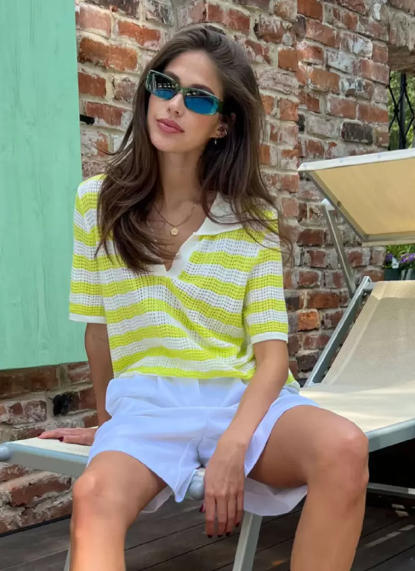 Vintage Short Sleeves Tees Stripes Turndown Collar Acrylic Tee Shirt - Image 4
