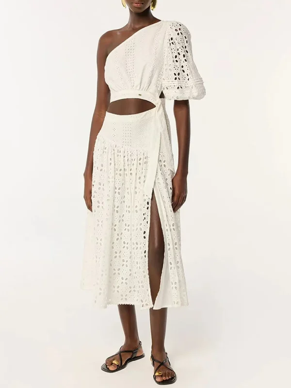 Vintage Solid Hollow Out Slanted Collar Single Shoulder Sleeves High Waist Long Dress