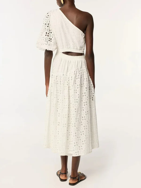Vintage Solid Hollow Out Slanted Collar Single Shoulder Sleeves High Waist Long Dress - Image 2