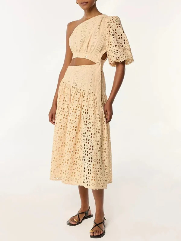 Vintage Solid Hollow Out Slanted Collar Single Shoulder Sleeves High Waist Long Dress - Image 3