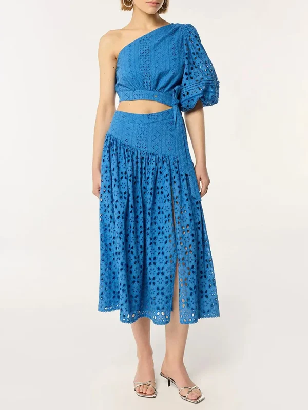 Vintage Solid Hollow Out Slanted Collar Single Shoulder Sleeves High Waist Long Dress - Image 5