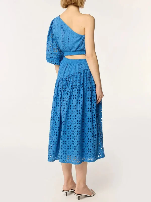 Vintage Solid Hollow Out Slanted Collar Single Shoulder Sleeves High Waist Long Dress - Image 6
