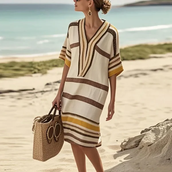 Vintage Stripe Print Casual Short Sleeve V Neck Vacation Loose Commute Dresses
