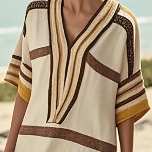 Vintage Stripe Print Casual Short Sleeve V Neck Vacation Loose Commute Dresses - Image 4