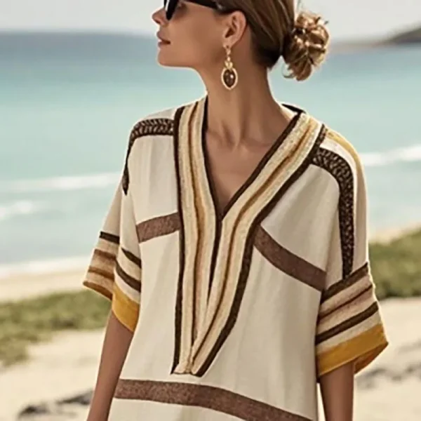 Vintage Stripe Print Casual Short Sleeve V Neck Vacation Loose Commute Dresses - Image 3