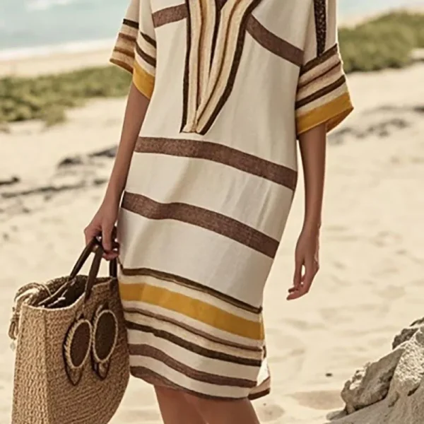 Vintage Stripe Print Casual Short Sleeve V Neck Vacation Loose Commute Dresses - Image 2