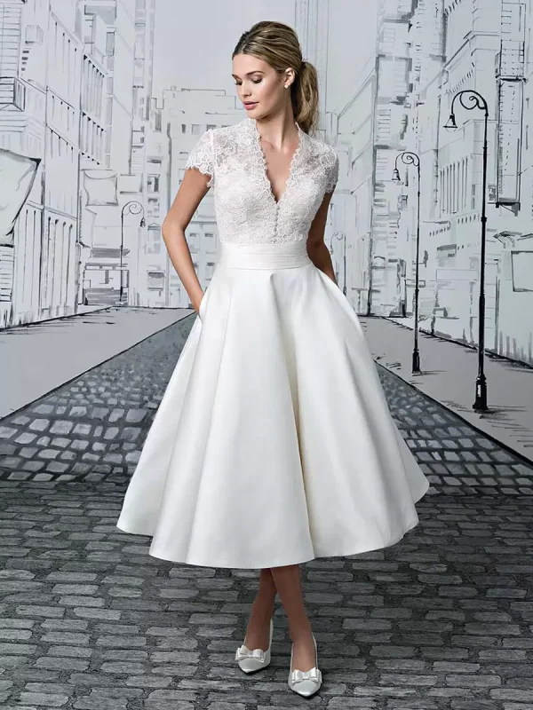 Elegant V-Neck Short Sleeves A-Line Tea-Length Bridal Dresses