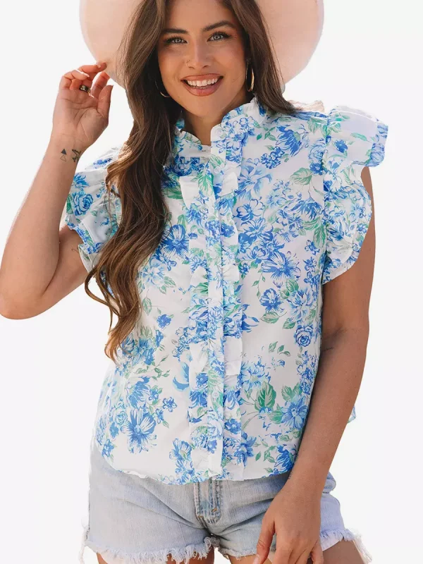 Bohemian Floral Stand Collar Flutter Sleeve Print Ruffled Sleeves Blouse - Image 4
