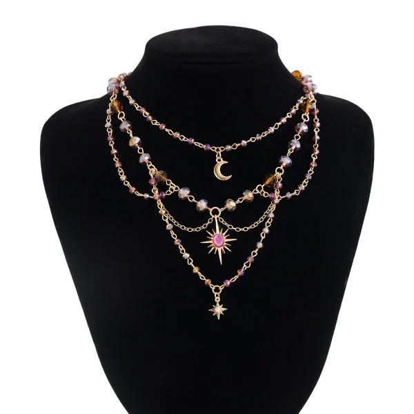 Bohemia multilayer Imitation Crystal Acrylic Alloy Sunflower Moon Pendant Necklace - Image 4