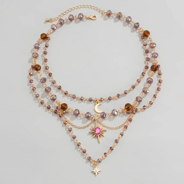 Bohemia multilayer Imitation Crystal Acrylic Alloy Sunflower Moon Pendant Necklace - Image 5