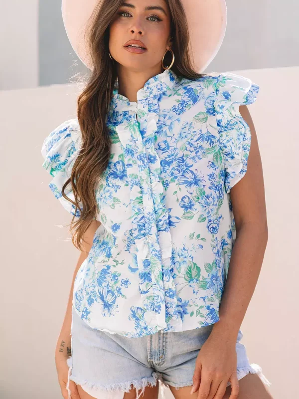 Bohemian Floral Stand Collar Flutter Sleeve Print Ruffled Sleeves Blouse