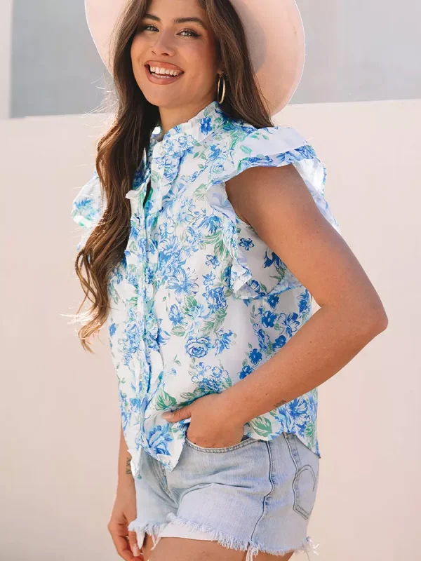 Bohemian Floral Stand Collar Flutter Sleeve Print Ruffled Sleeves Blouse - Image 2