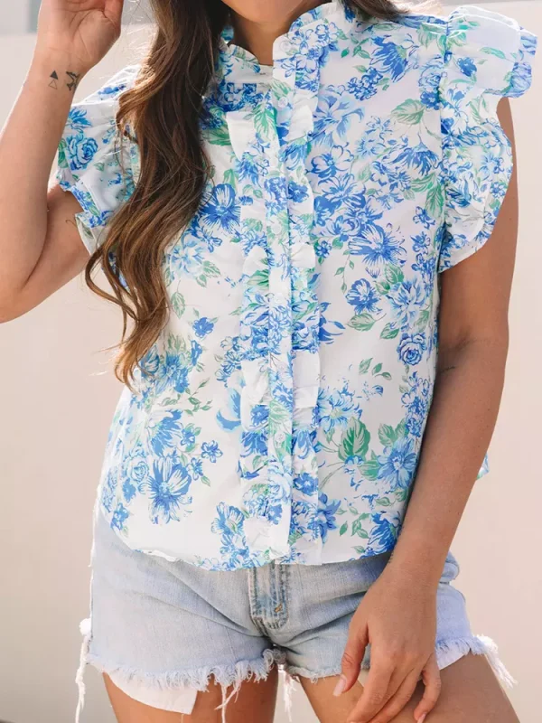 Bohemian Floral Stand Collar Flutter Sleeve Print Ruffled Sleeves Blouse - Image 3