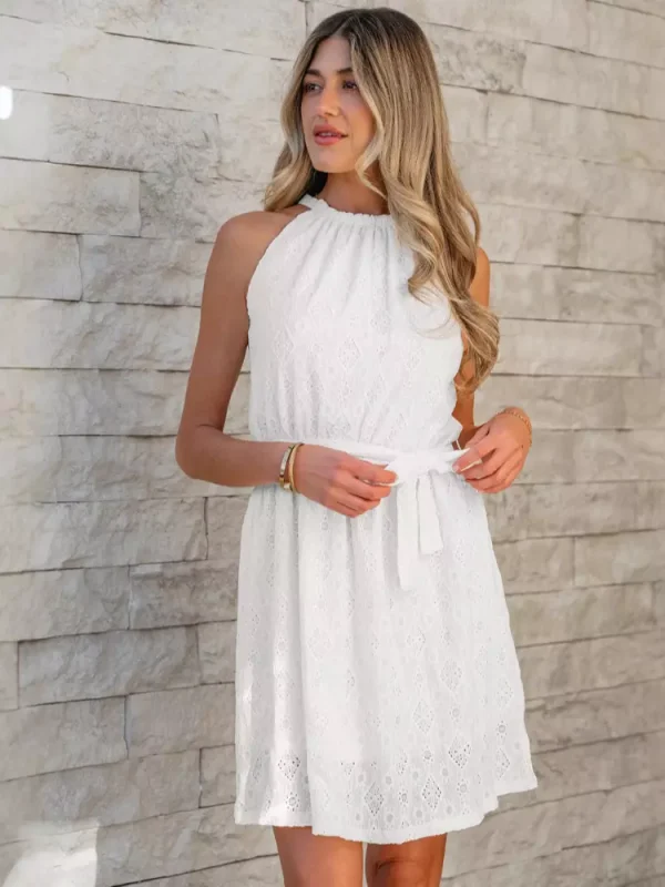 Bohemian Halter Neck Daily Casual Mini Lace Dress With Belt - Image 2