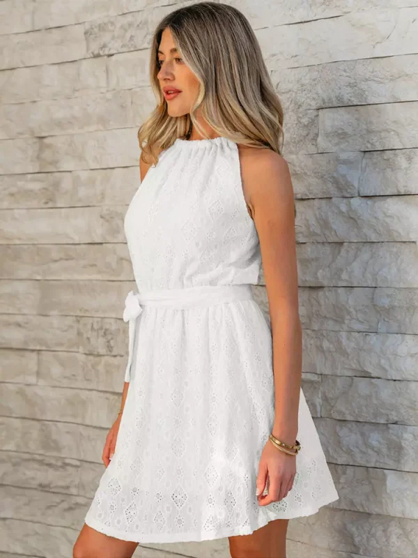 Bohemian Halter Neck Daily Casual Mini Lace Dress With Belt - Image 3