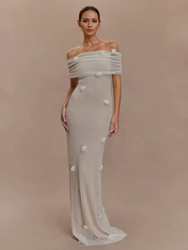 Bohemian Off Shoulder Floral Accents For Formal Events Maxi Gown