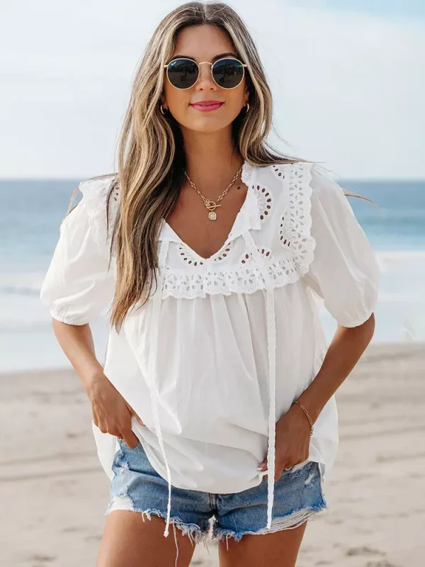 Bohemian Ruffles Cut-Outs Short Sleeve Lace-Trimmed Blouse