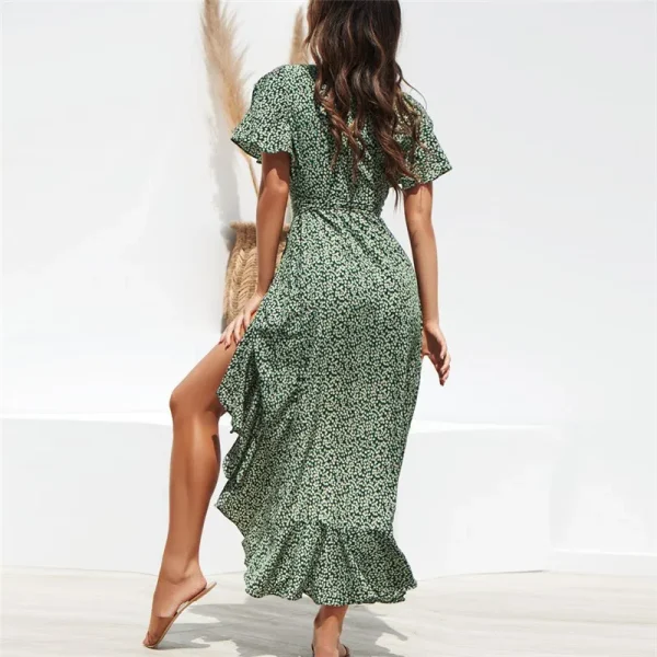 Bohemian V-Neck Irregular High Waist Lace-up Chiffon Print Casual Beach Long Dress - Image 3