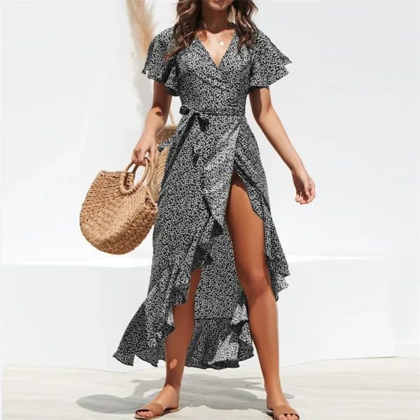 Bohemian V-Neck Irregular High Waist Lace-up Chiffon Print Casual Beach Long Dress - Image 5