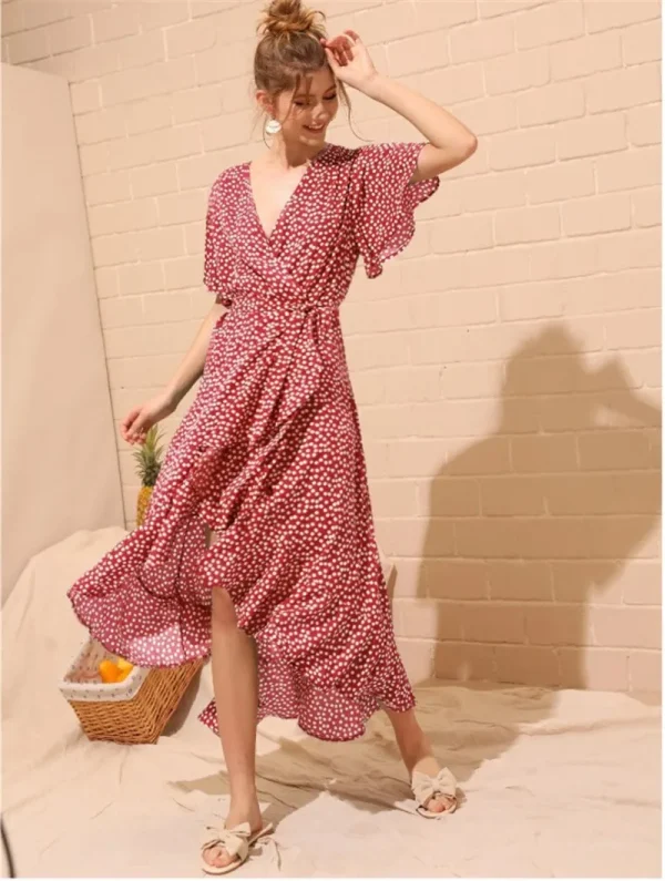 Bohemian V-Neck Irregular High Waist Lace-up Chiffon Print Casual Beach Long Dress - Image 7