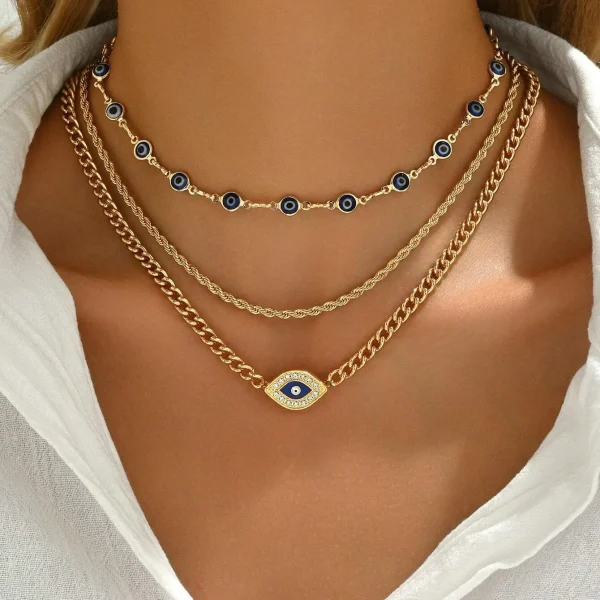 Boho Multi-layers Crystal Evil Eye Geometric Round Clavicle Chain Beach Charm Pendant Necklace 3PCS Set