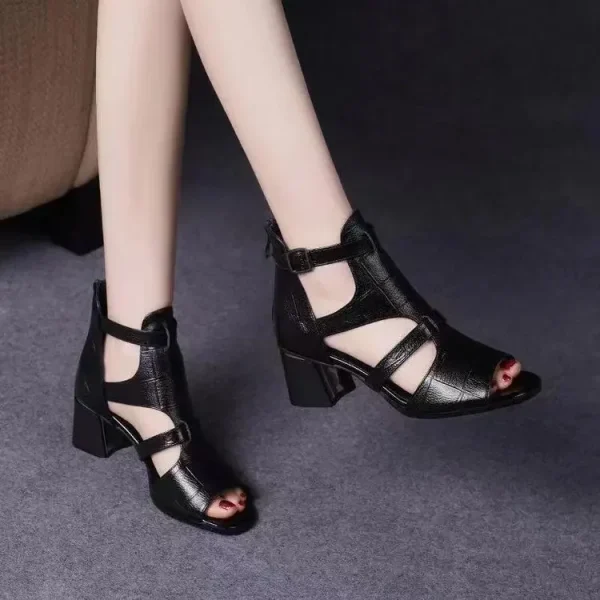 Buckle Strap Chunky High Heels Peep Toe Hollow Out Roman Style Sandals - Image 2