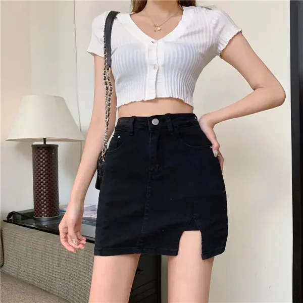 Casual Button With Slit Zipper High Waist Denim Mini Skirt - Image 9