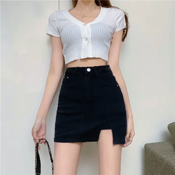 Casual Button With Slit Zipper High Waist Denim Mini Skirt - Image 11