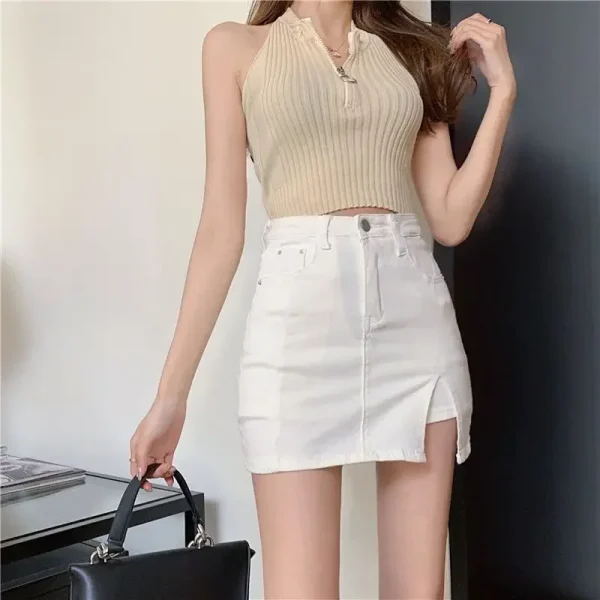 Casual Button With Slit Zipper High Waist Denim Mini Skirt - Image 13