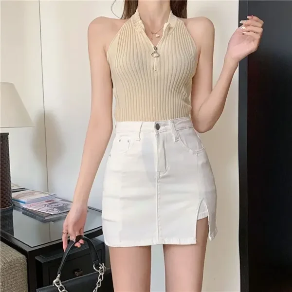 Casual Button With Slit Zipper High Waist Denim Mini Skirt - Image 14