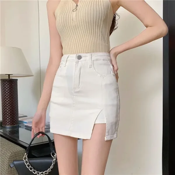 Casual Button With Slit Zipper High Waist Denim Mini Skirt - Image 15