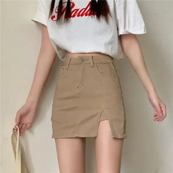 Casual Button With Slit Zipper High Waist Denim Mini Skirt