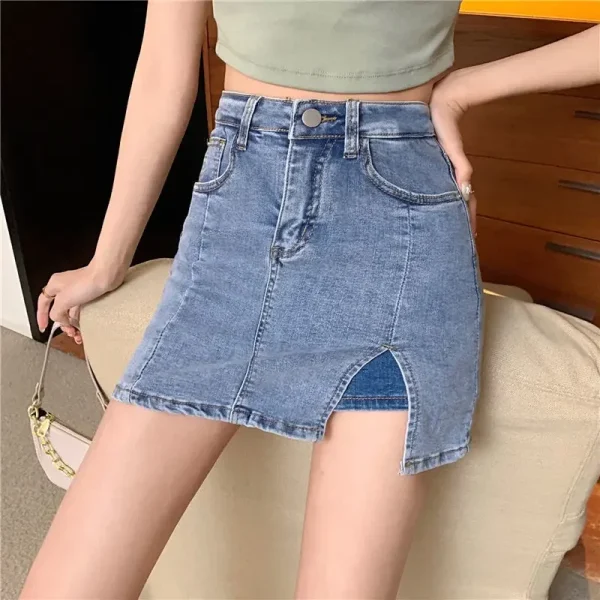 Casual Button With Slit Zipper High Waist Denim Mini Skirt - Image 18